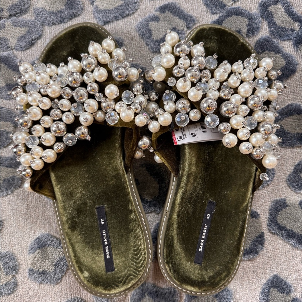 Zara Olive Green Velvet Slide Sandals with Pearls & Crystals